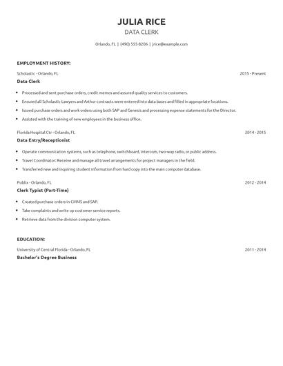 Data Clerk Resume