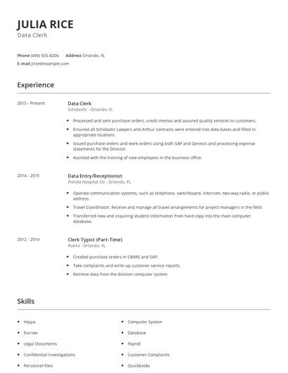 Data Clerk Resume