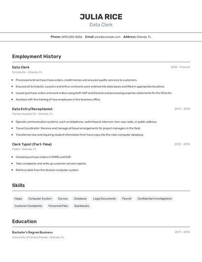 Data Clerk Resume