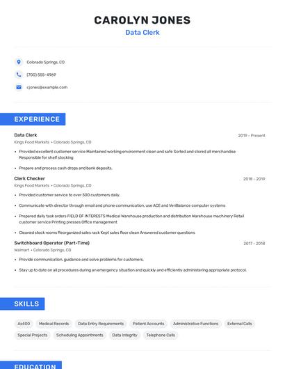 Data Clerk Resume