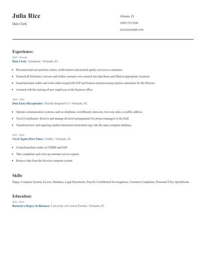 Data Clerk Resume