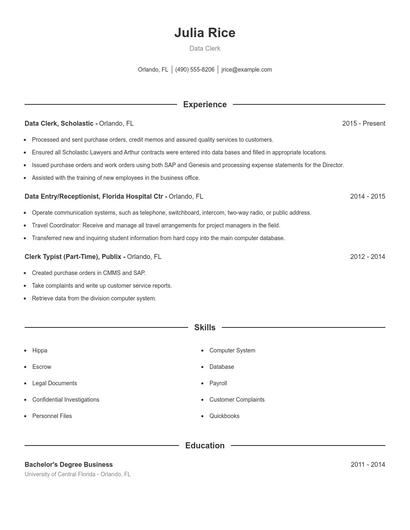Data Clerk Resume