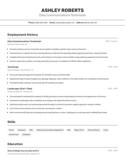 Data Communications Technician Resume