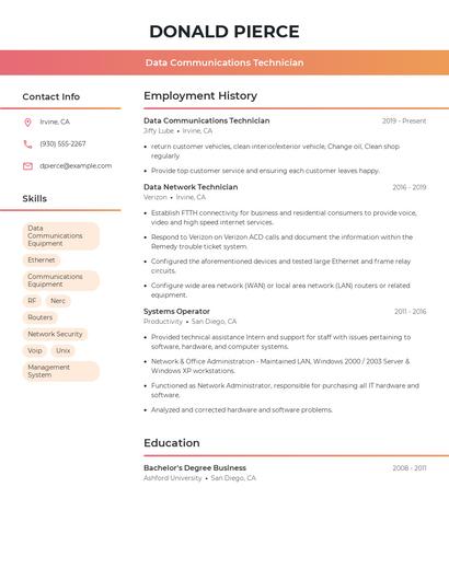 Data Communications Technician Resume