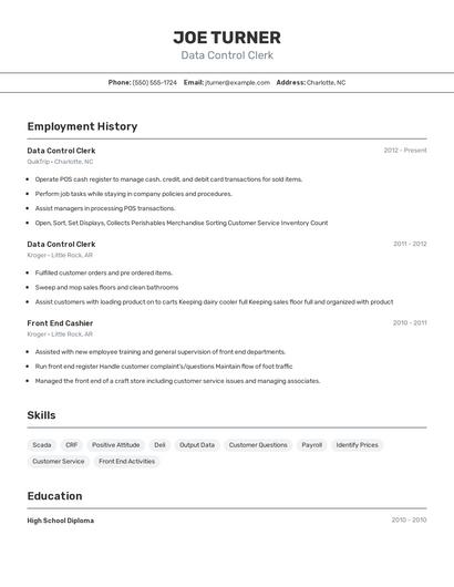 Data Control Clerk Resume