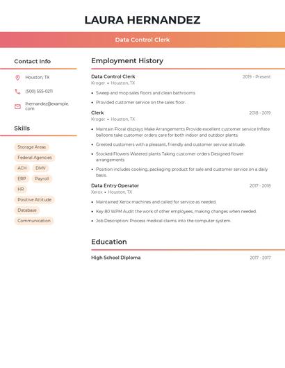 Data Control Clerk Resume