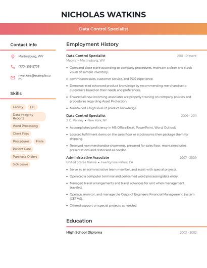 Data Control Specialist Resume