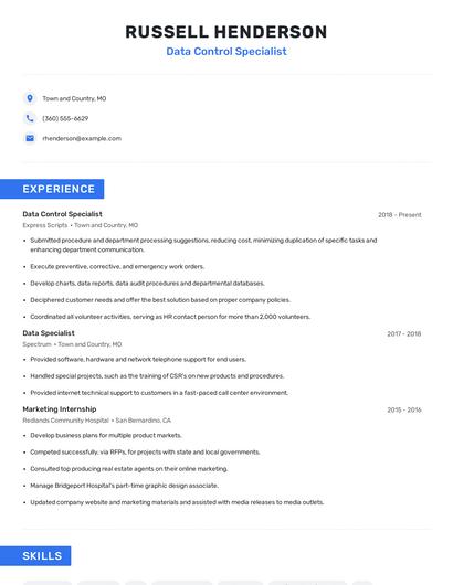 Data Control Specialist Resume