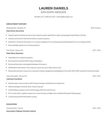 Data Entry Associate Resume