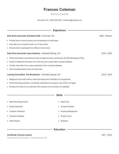 Data Entry Associate Resume