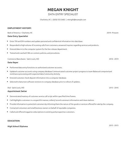 Data Entry Specialist Resume