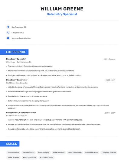Data Entry Specialist Resume