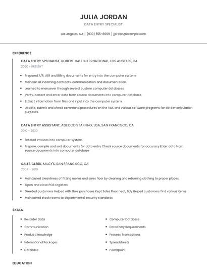 Data Entry Specialist Resume
