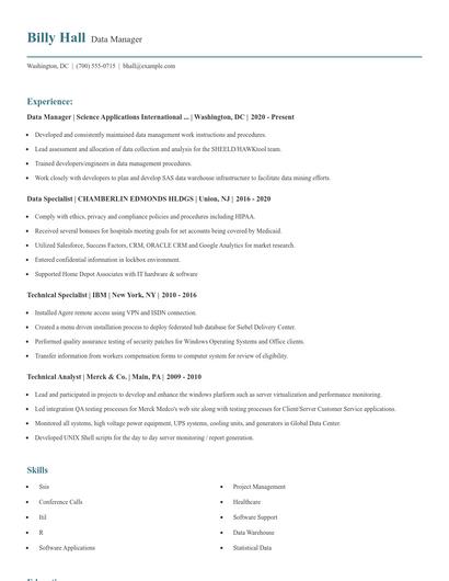 Data Manager Resume