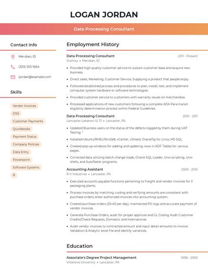 Data Processing Consultant Resume
