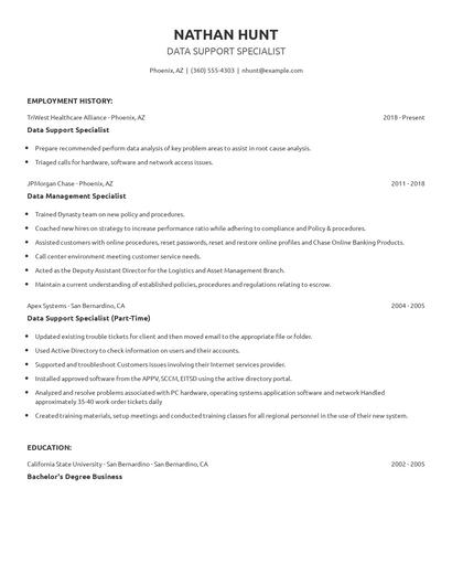 Data Support Specialist Resume