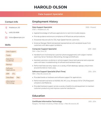 Data Support Specialist Resume