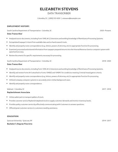 Data Transcriber Resume