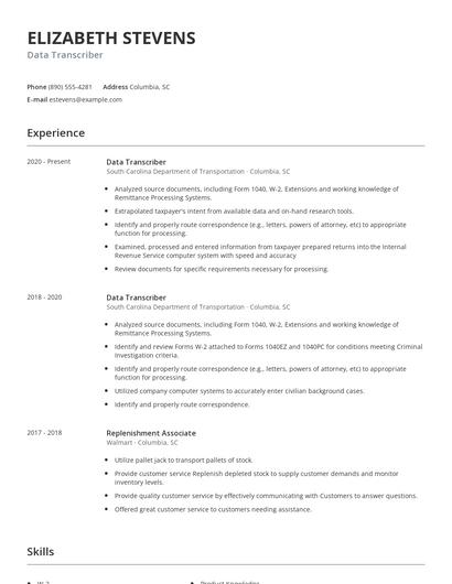 Data Transcriber Resume