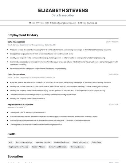 Data Transcriber Resume