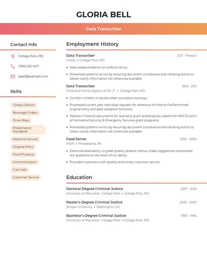 Data Transcriber Resume