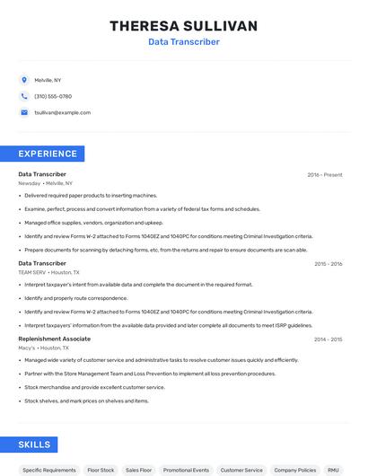 Data Transcriber Resume