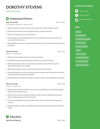 Data Transcriber Resume