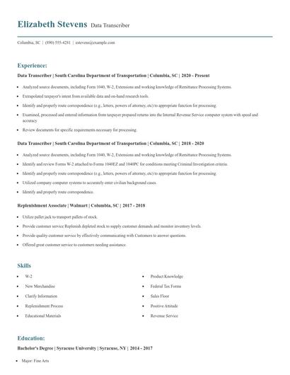 Data Transcriber Resume