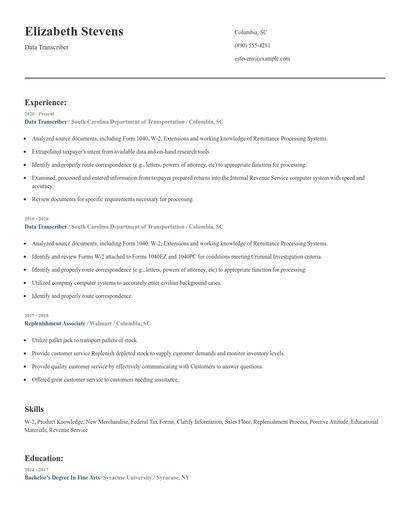 Data Transcriber Resume