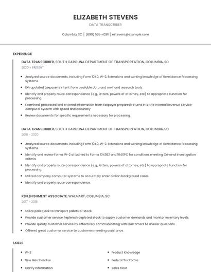 Data Transcriber Resume