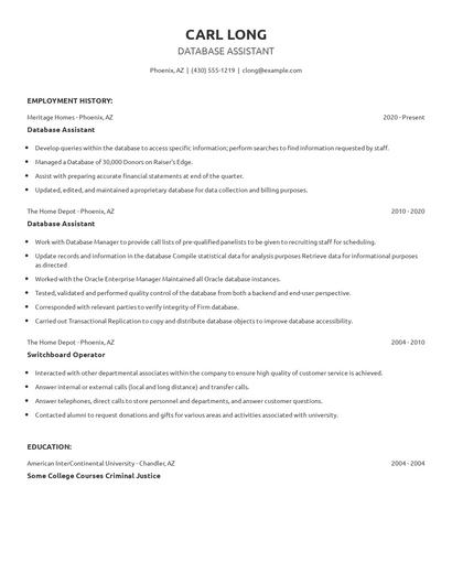 Database Assistant Resume