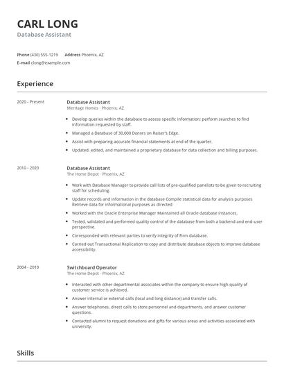 Database Assistant Resume