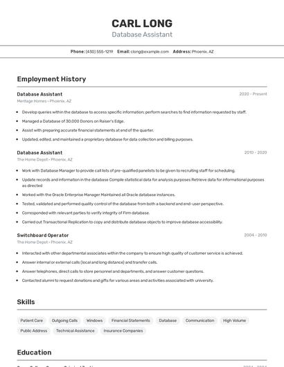 Database Assistant Resume