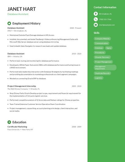 Database Assistant Resume