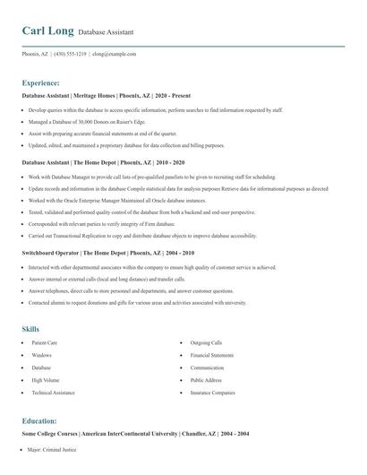 Database Assistant Resume