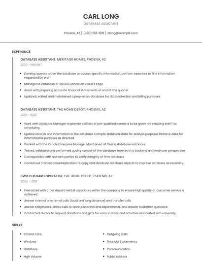 Database Assistant Resume