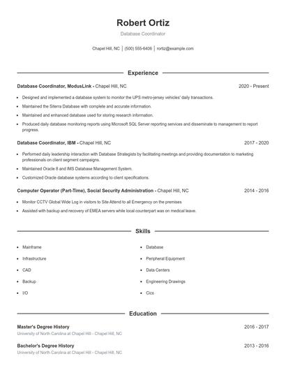 Database Coordinator Resume