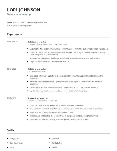 Database Internship Resume