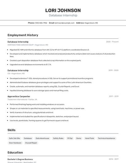 Database Internship Resume