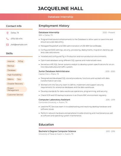 Database Internship Resume