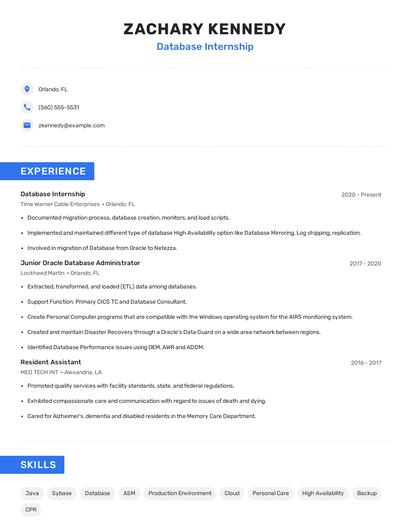 Database Internship Resume
