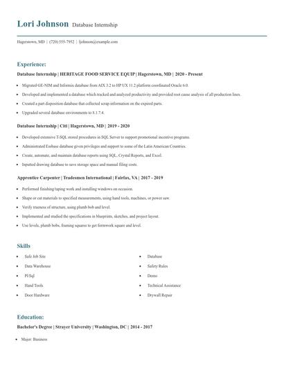 Database Internship Resume