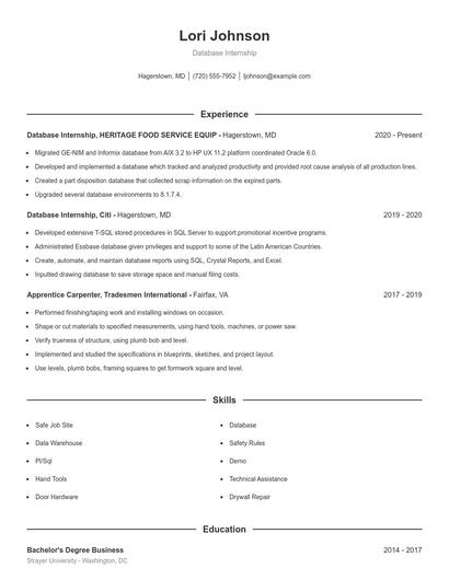 Database Internship Resume