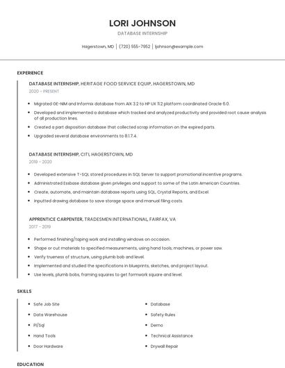 Database Internship Resume