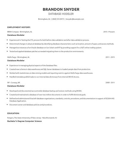 Database Modeler Resume