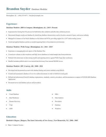 Database Modeler Resume