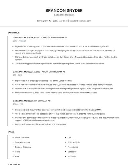 Database Modeler Resume