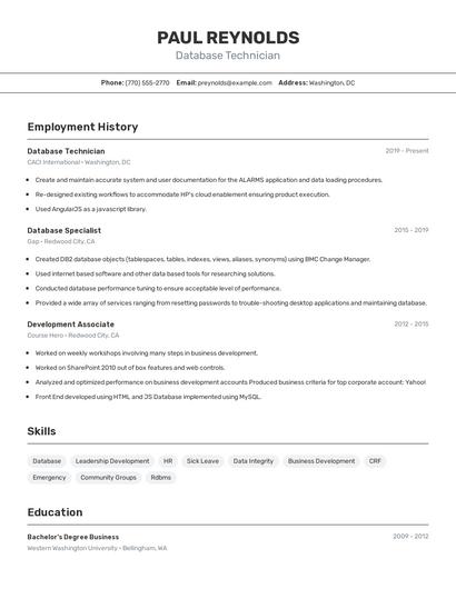Database Technician Resume