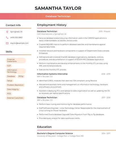 Database Technician Resume