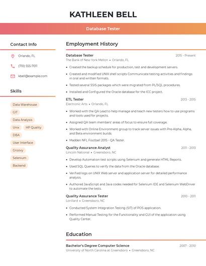 Database Tester Resume
